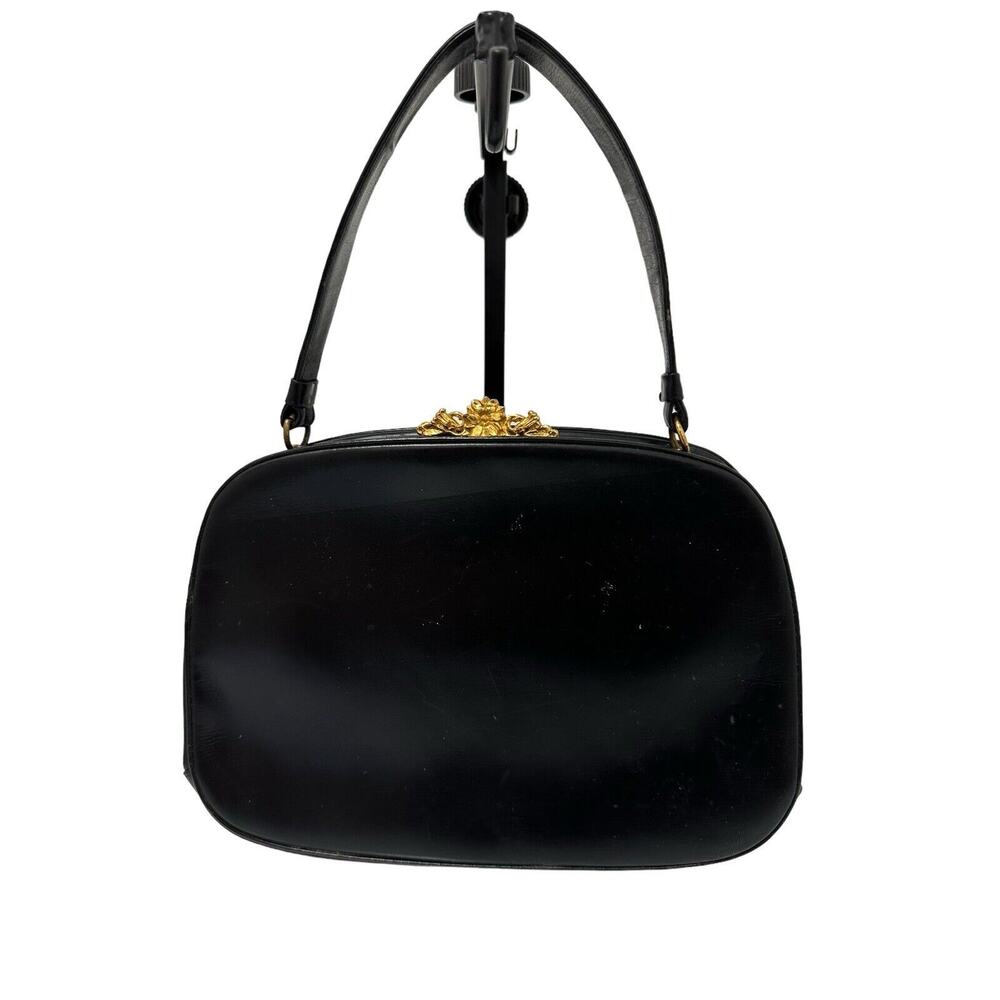 Vintage 1950's Hard Side Black Leather Handbag w/ Gold Flower Hardware